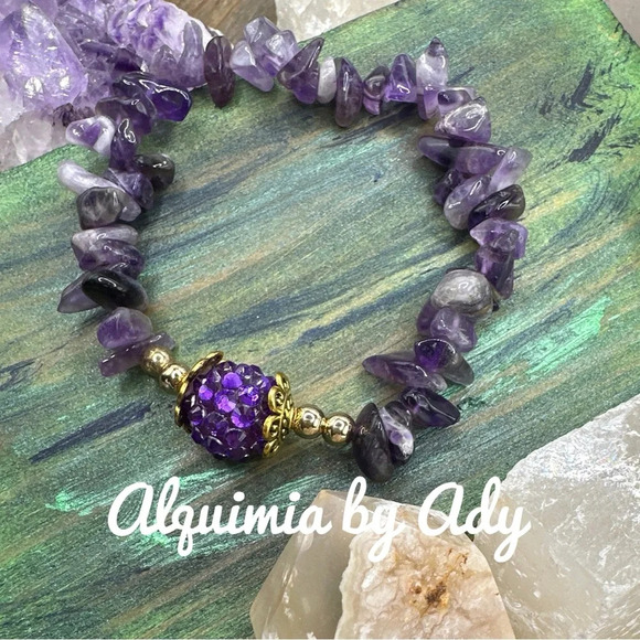 Chunky amethyst chips beaded bracelet crown chakra/protection for Virgo - Picture 1 of 4